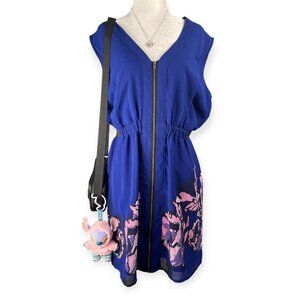 Guess Royal Blue Floral Zip Dress Women's Large V-Neck Cocktail Brunch Work